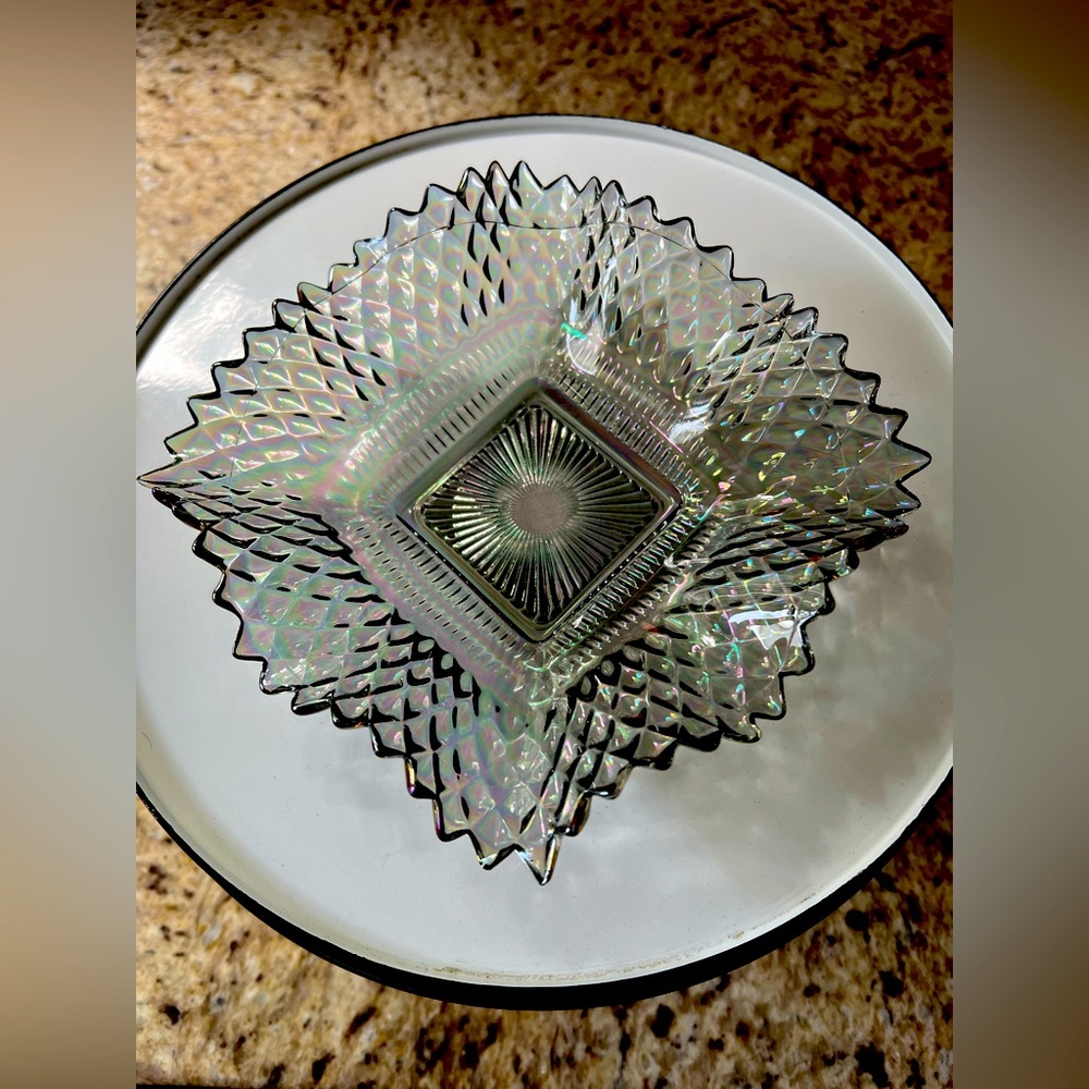 Vintage iridescent Smokey Indiana carnival glass square ruffle dish
